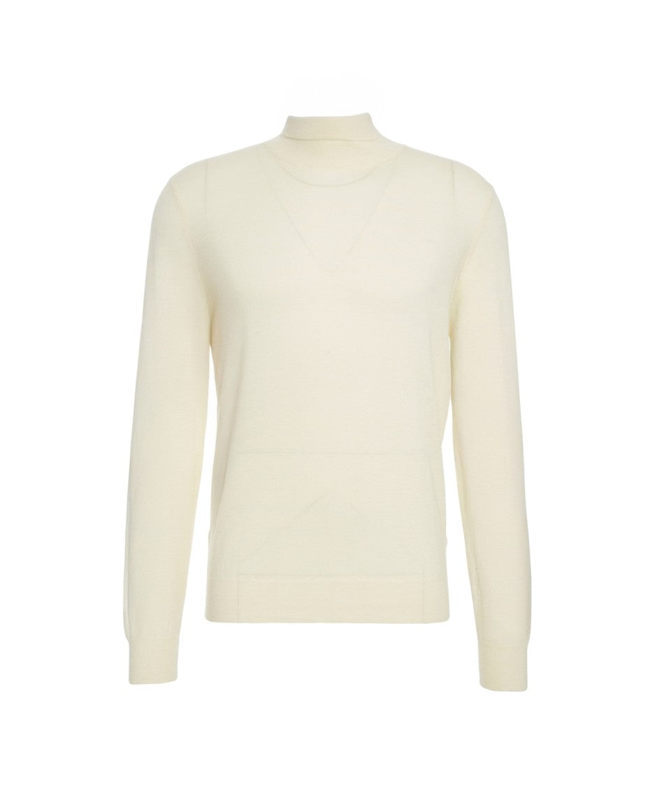 Gender Beige Knit Sweater With Mock Neck And Ribbed Detailing