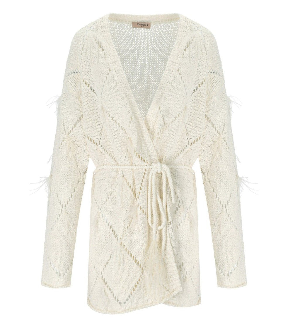 Twin-Set Off-White Cardigan With Feathers