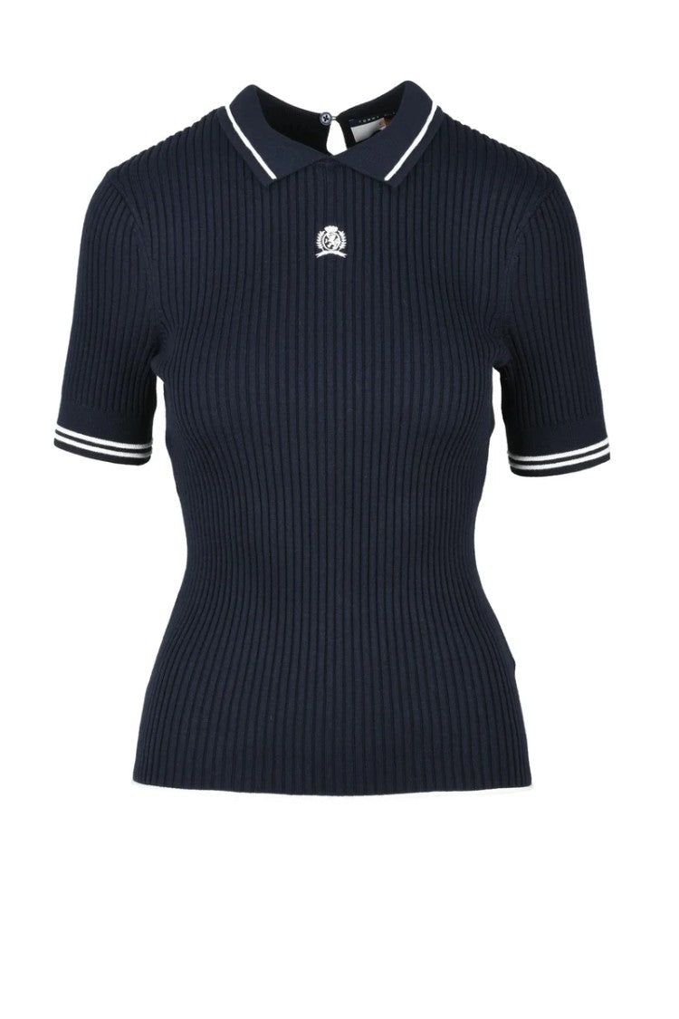 Tommy Hilfiger Navy Blue Ribbed Knit Cotton Viscose Polyamide Silk Top