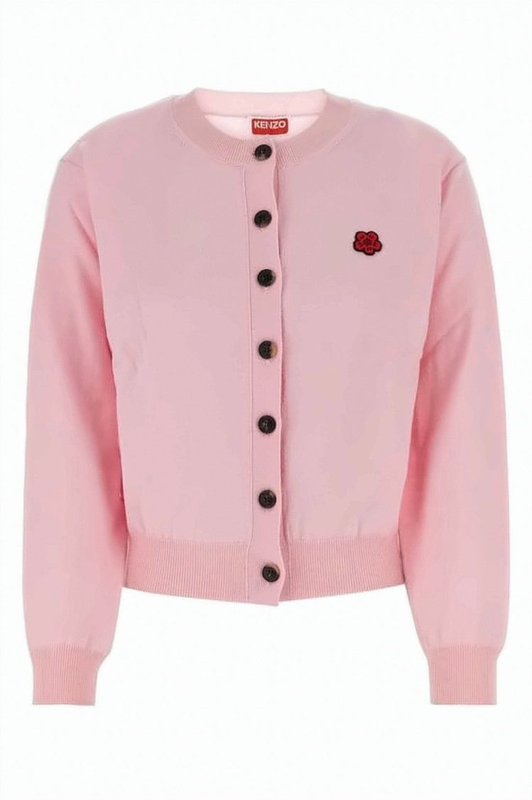 Kenzo Cropped Soft Pink Wool Cardigan With Embroidered Detail