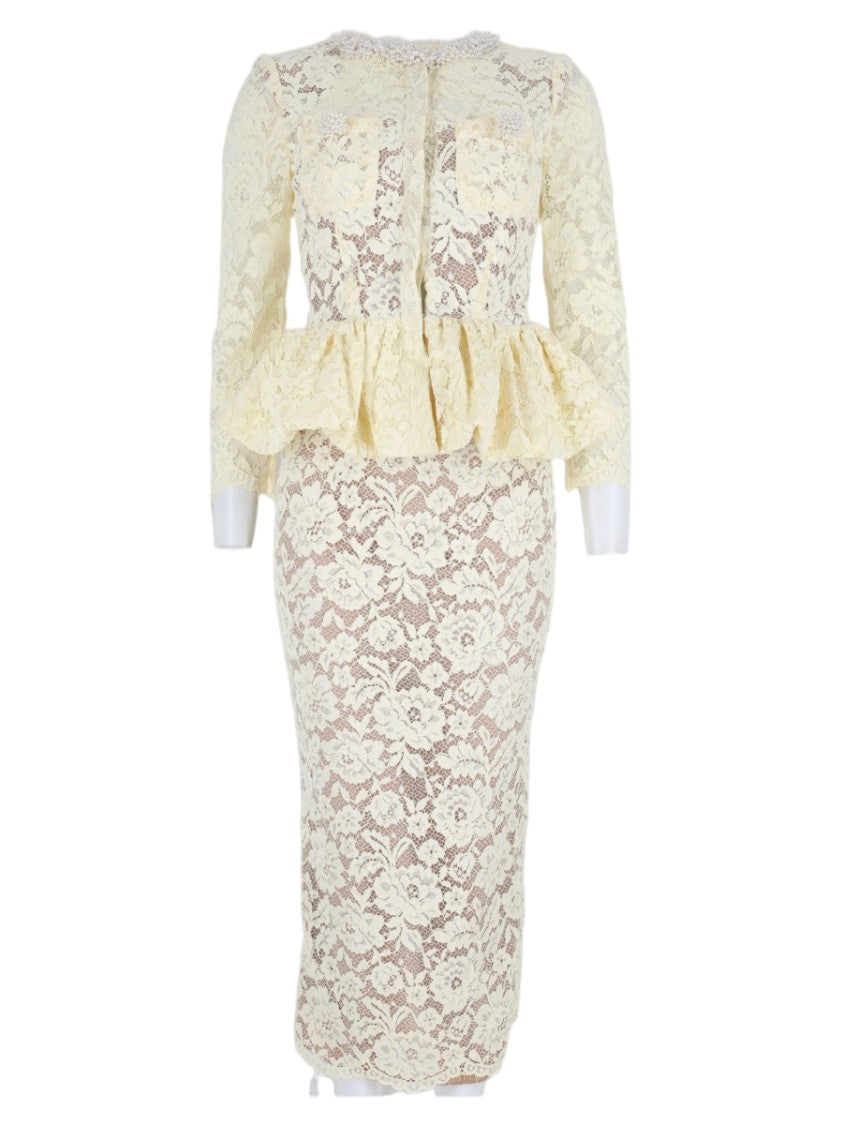 Self-Portrait Yellow Lace Peplum Overlay Polyester Midi Dress