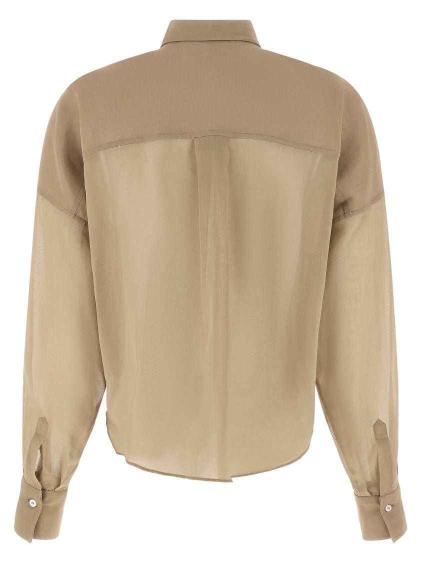 Brunello Cucinelli Semi-Transparent Cotton Taffeta Shirt With Asymmetric Hem And Rolled Knot Detail