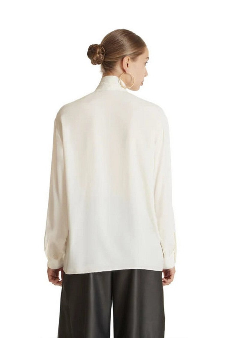Simona Corsellini Ivory Viscose-Silk Blend Ruffled Tie-Neck Blouse