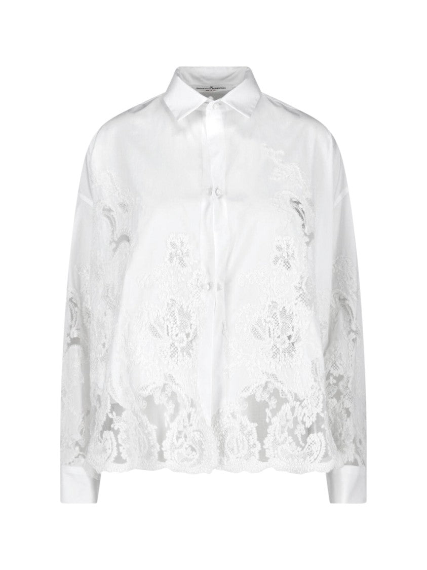 Ermanno Scervino White Intricate Lace Detail Cotton Blouse