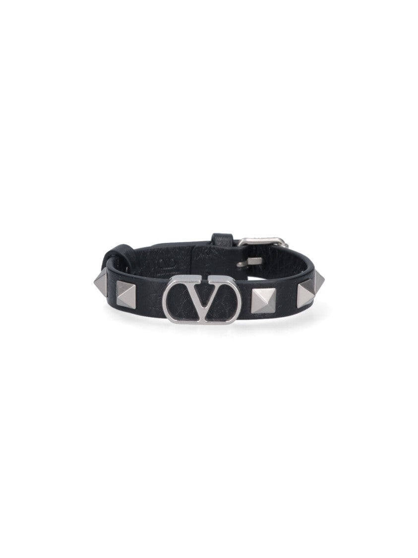 Valentino Garavani Textured Leather Bracelet With Silver Studs