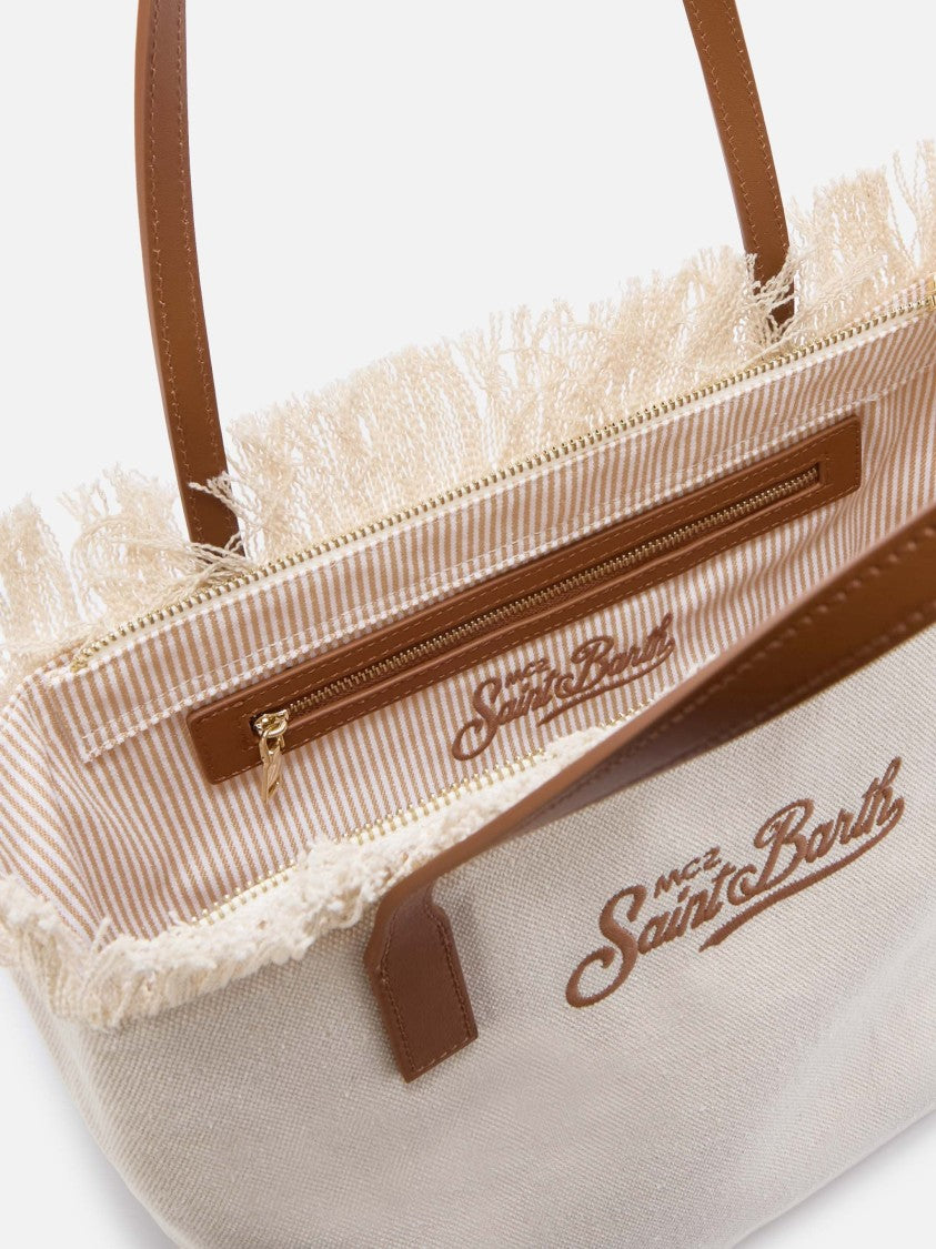 Mc2 Saint Barth Fringed Beige Canvas Tote Bag With Leather Accents