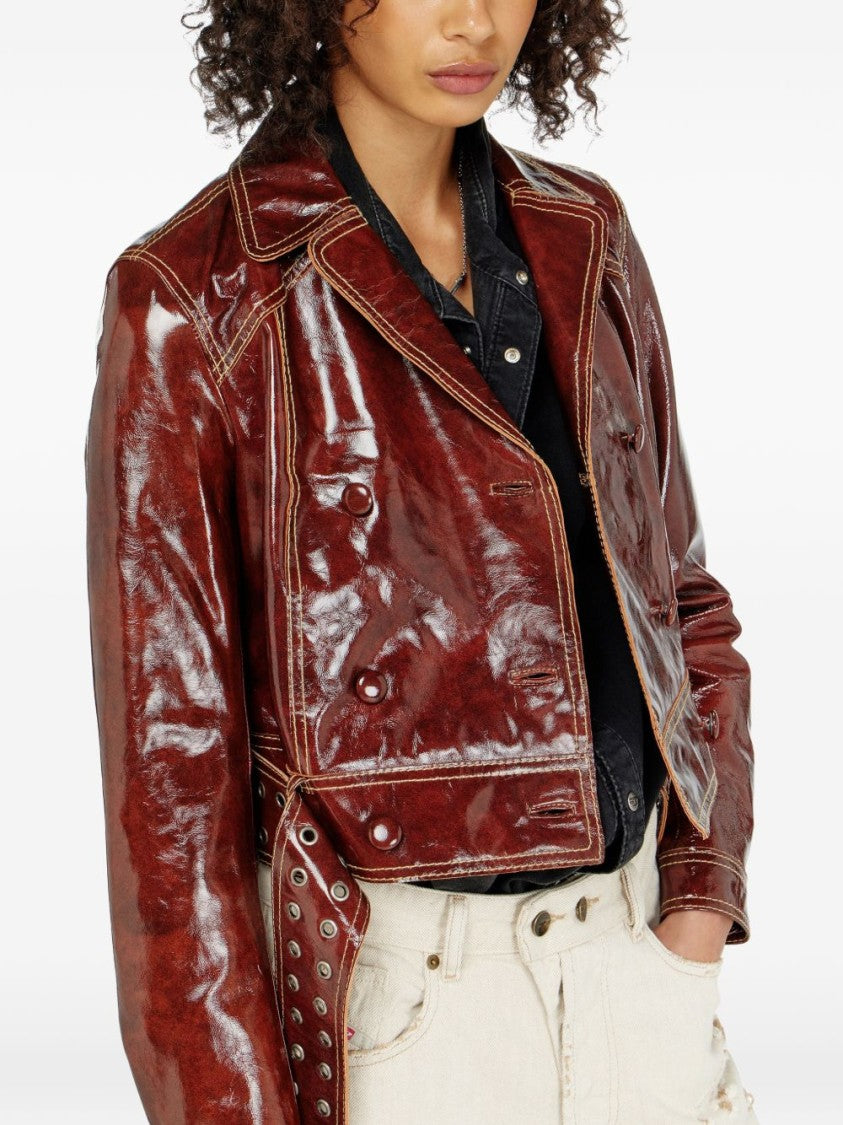 Diesel Cropped Brown Patent Leather Jacket With Double-Breasted Front
