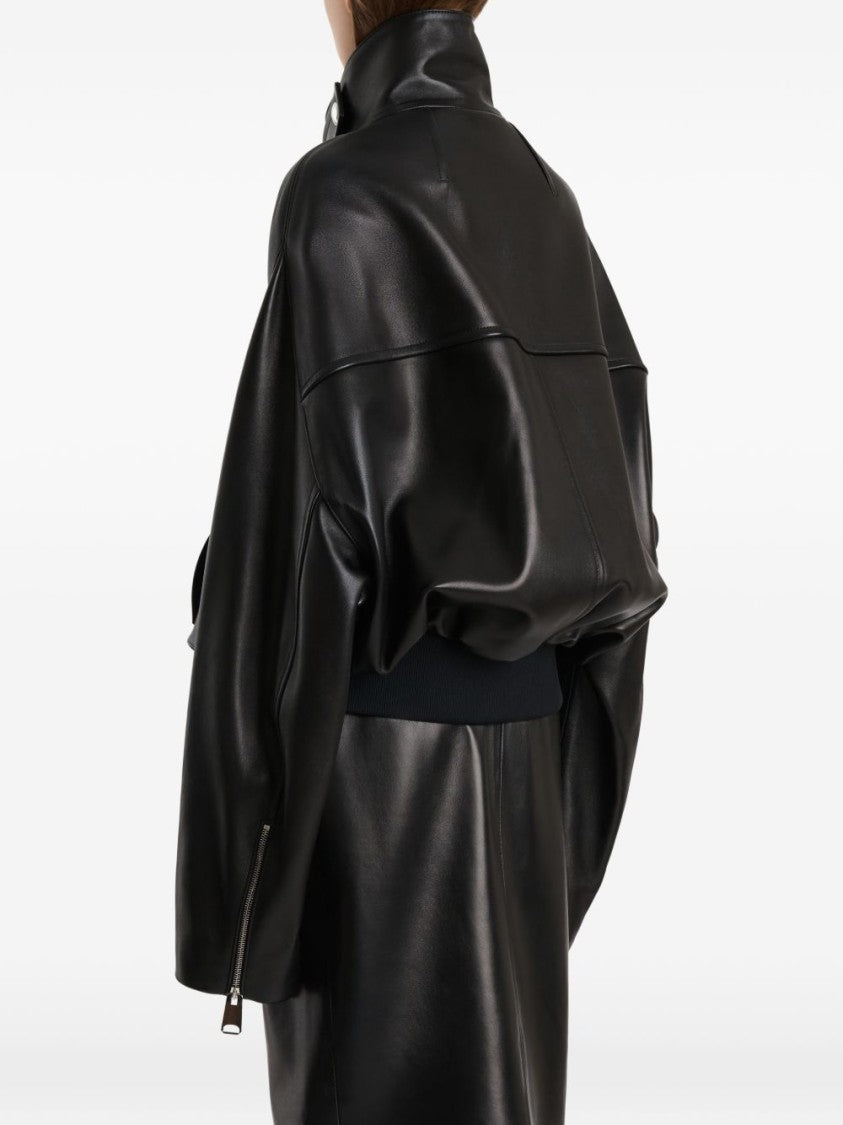 Khaite Black Cupro Silk Twill Stand Collar Coat
