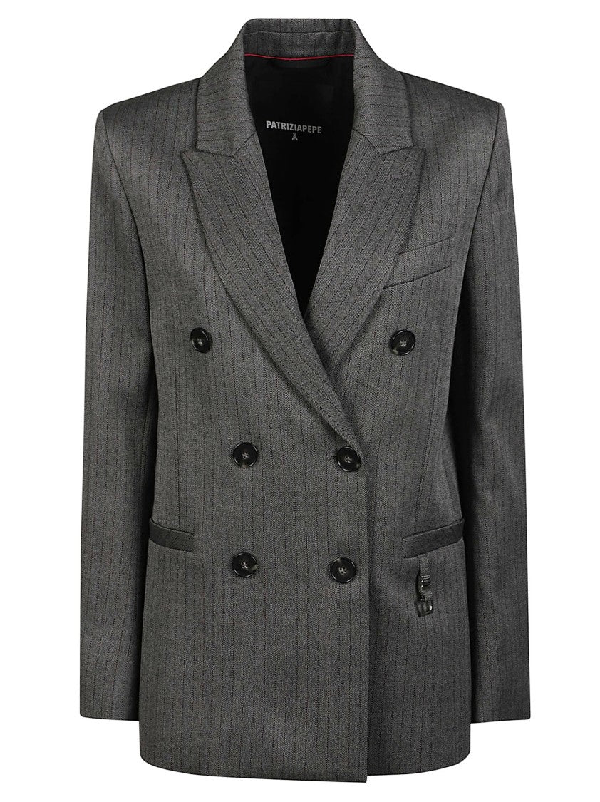 Patrizia Pepe Tailored Grey Double-Breasted Jacket With Notch Lapel And Pinstripe