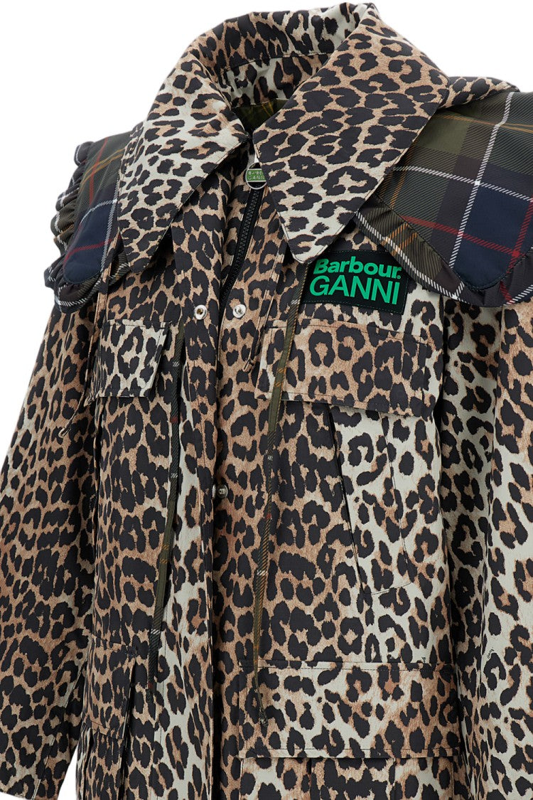 Barbour Leopard Print Parka With Ruffled Tartan Collar And Signature Collaboration Logo