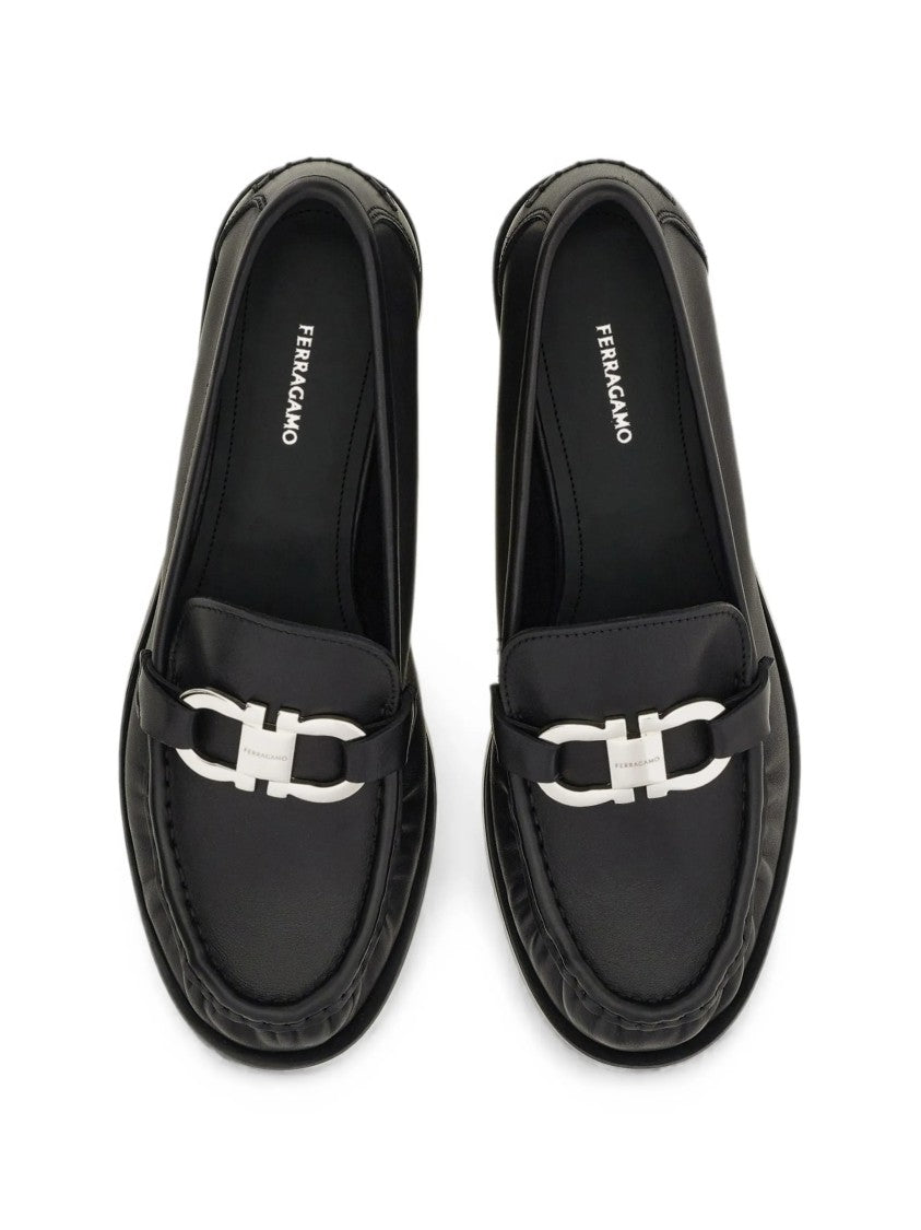 Salvatore Ferragamo Black Leather Loafers With Silver-Tone Metal Bit Detail