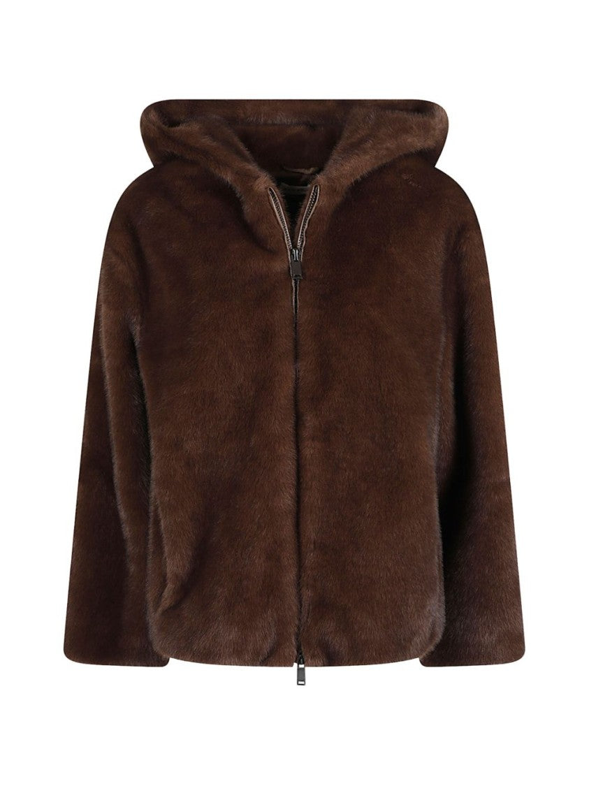 Parosh Plush Brown Faux Fur Hooded Jacket