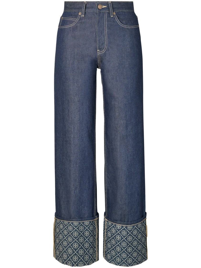 Tory Burch Contrast Cuff Straight Leg Jeans With Mid-Rise Waist