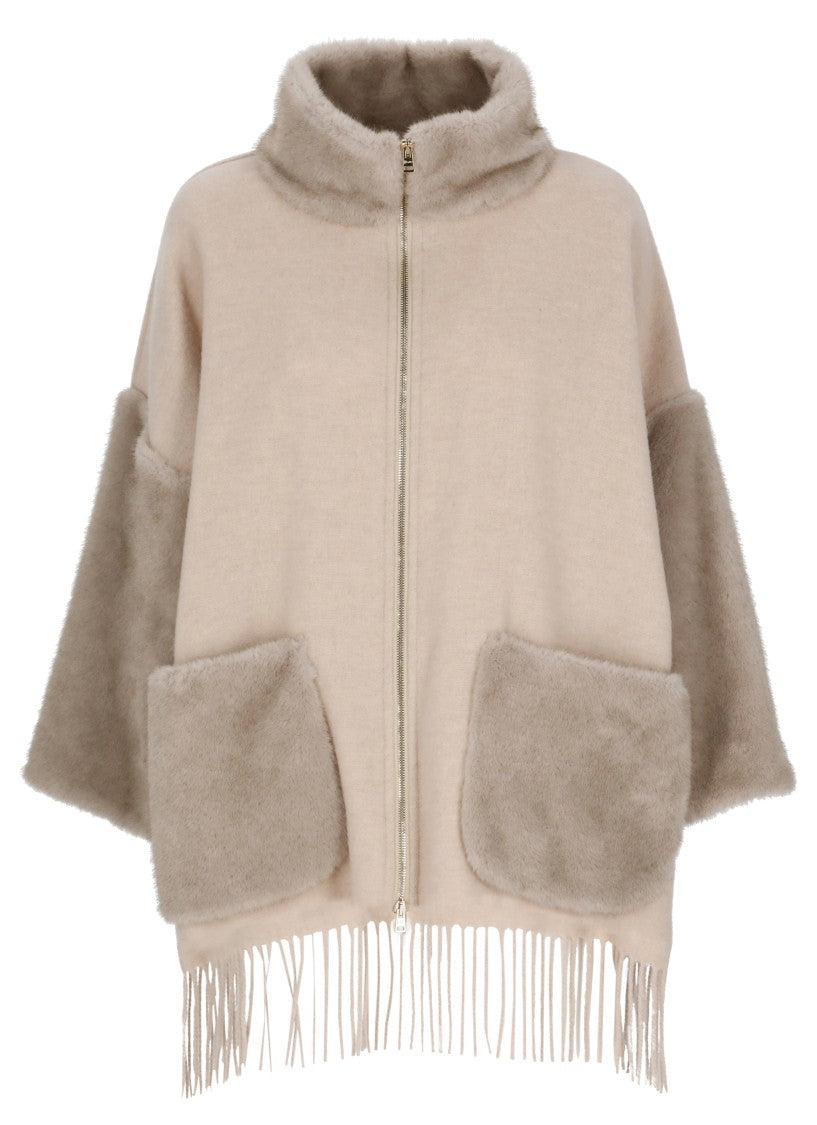 Herno Beige Faux Fur Accent Fringe Wool Jacket