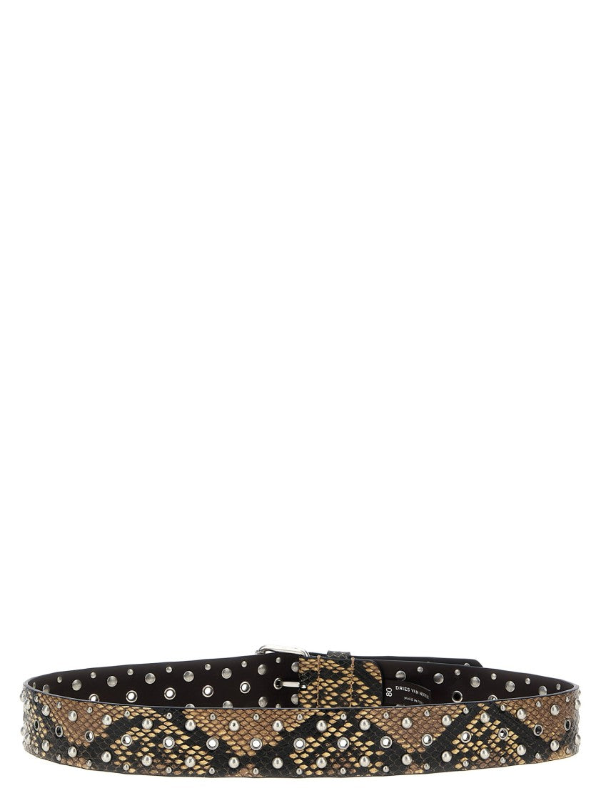 Dries Van Noten Python-Print Leather Belt With Studded Design