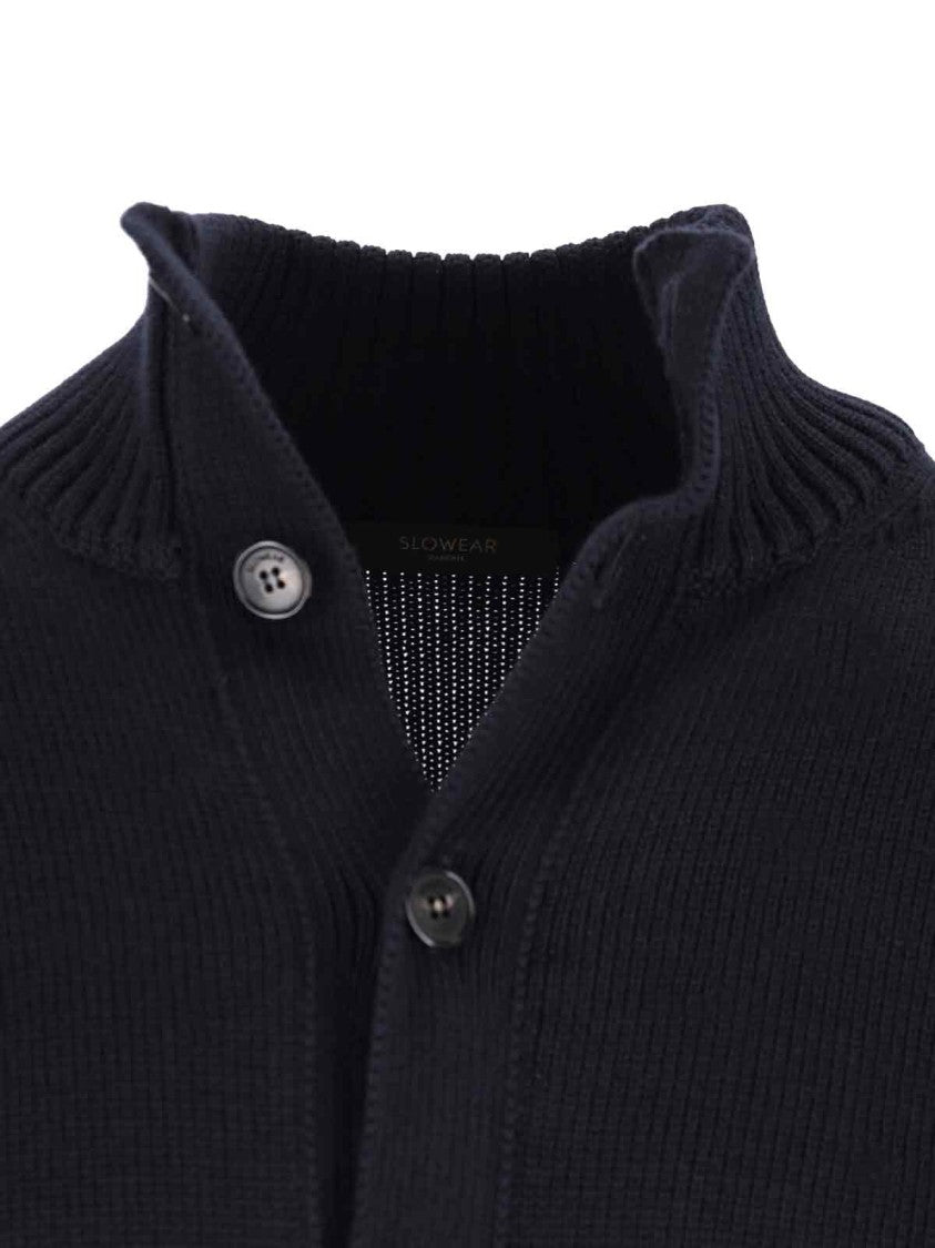 Zanone Dark Blue Chioto High-Collar Ribbed Virgin Wool Cardigan