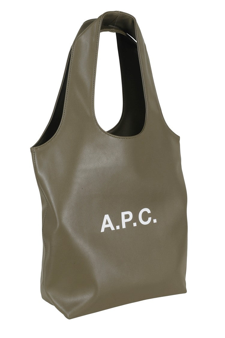A.P.C. Military Green Tote Ninon Small White Logo Polyurethane Tote Bag
