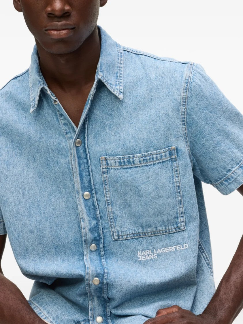 Karl Lagerfeld Light Blue Denim Short-Sleeve Shirt With Classic Collar