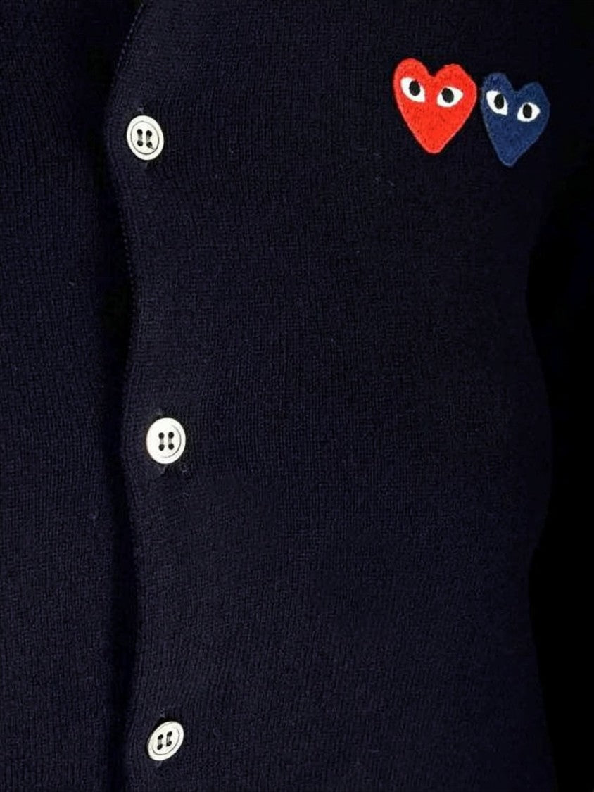 Comme Des Garçons Button-Up Black Wool Cardigan With Embroidered Heart Motifs