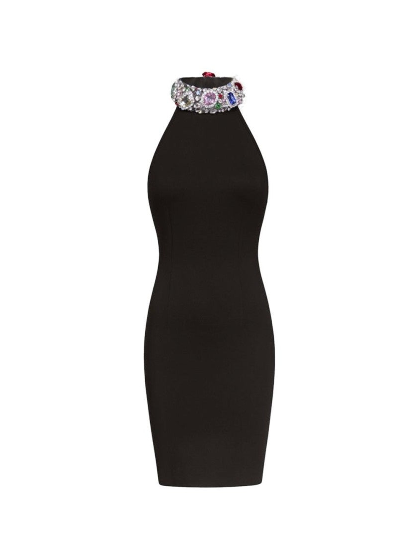 Area Crystal Gemstone Cluster Halter Mini Dress Black