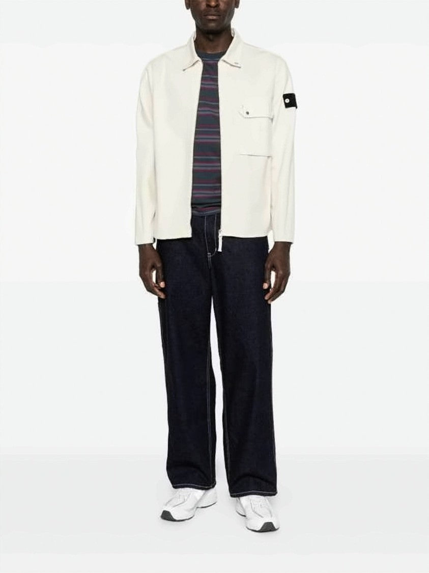 Stone Island White Cotton Jacket With Flap Pocket