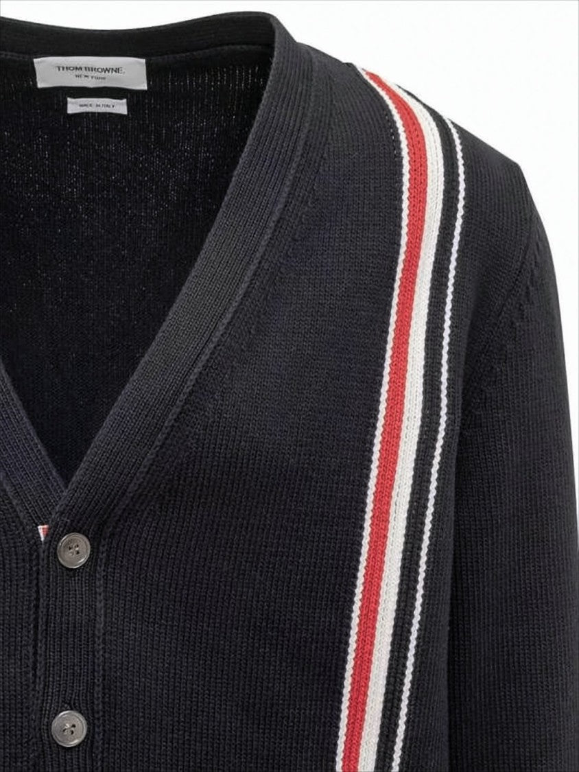 Thom Browne Knitted Cardigan With Deep V-Neck And Sporty Stripe Detail