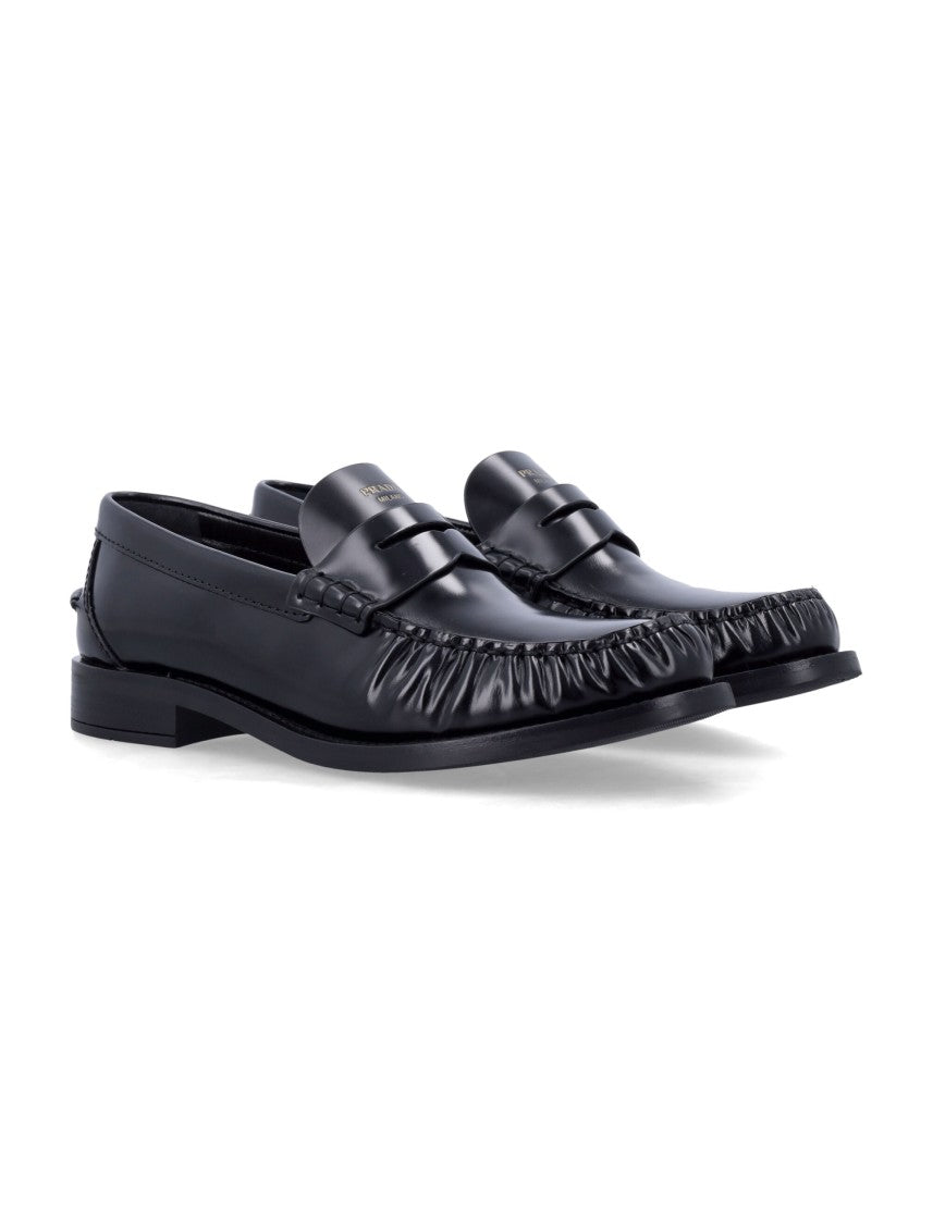 Prada Brushed Leather Loafers With Gathered Toe Detail