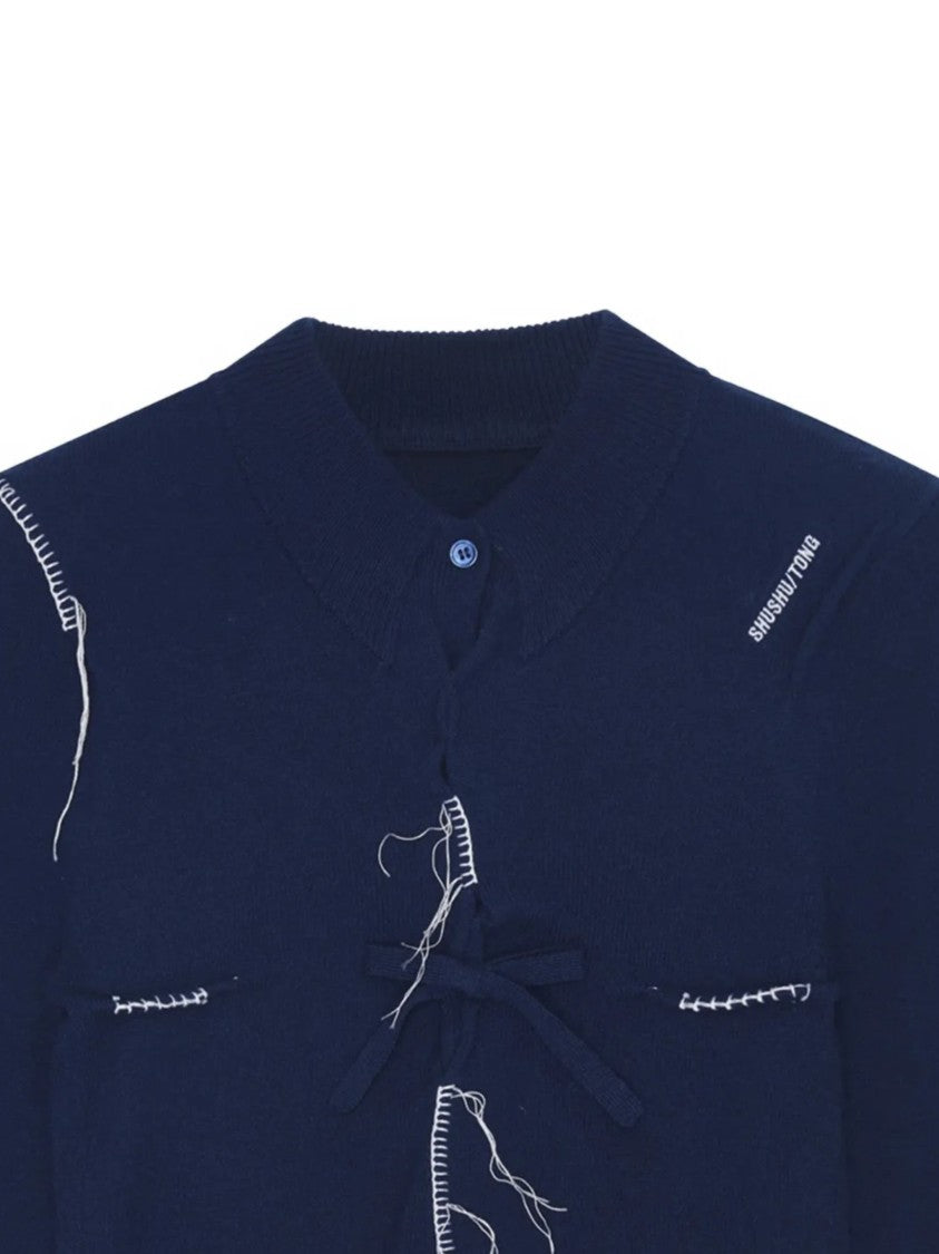 Shushu/Tong Blue Pin-Tuck Threadwork Knit Top