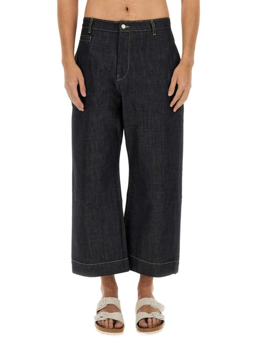 Studio Nicholson Wide-Leg Cropped Denim Trousers With Leather Label