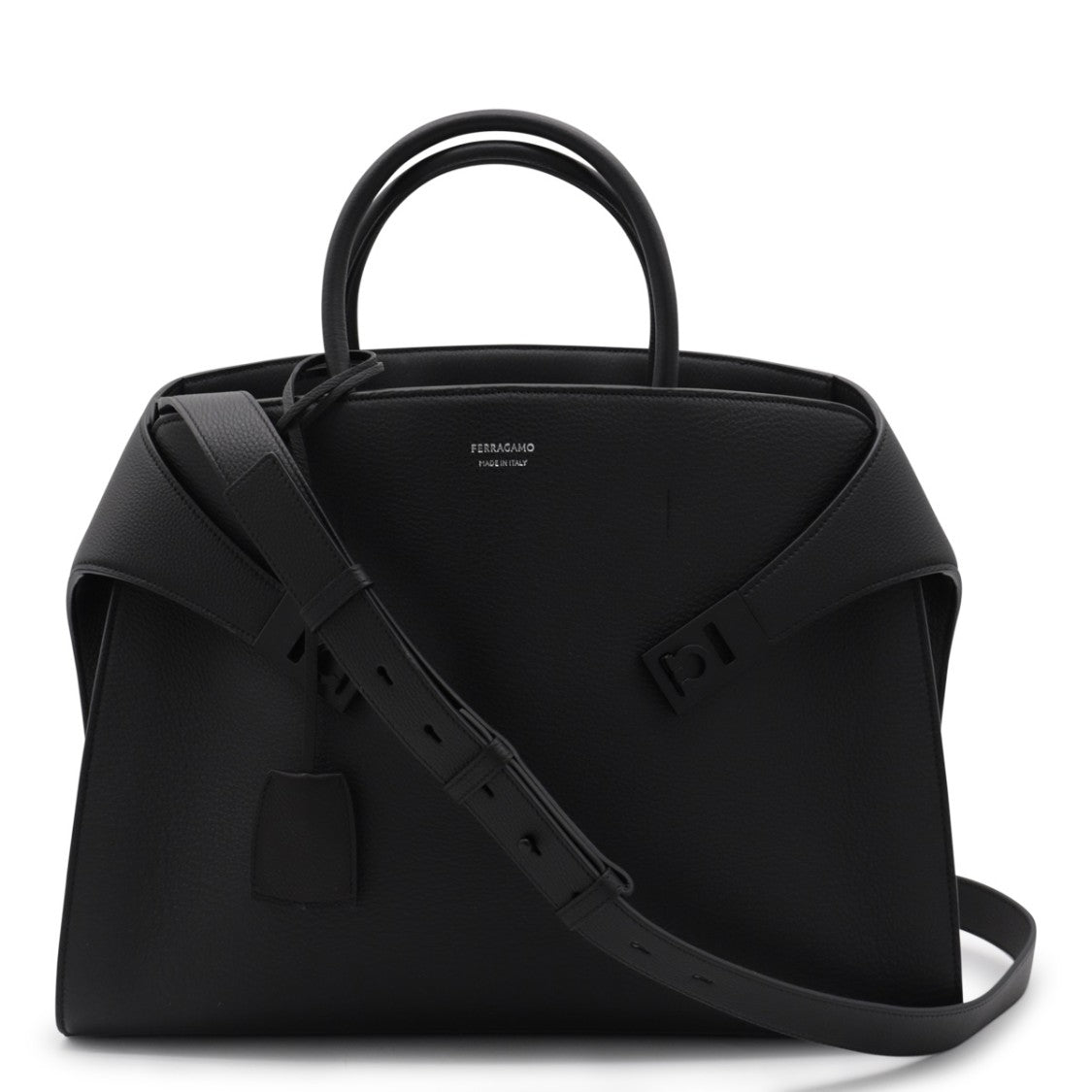 Ferragamo Structured Black Leather Shoulder Bag With Adjustable Strap