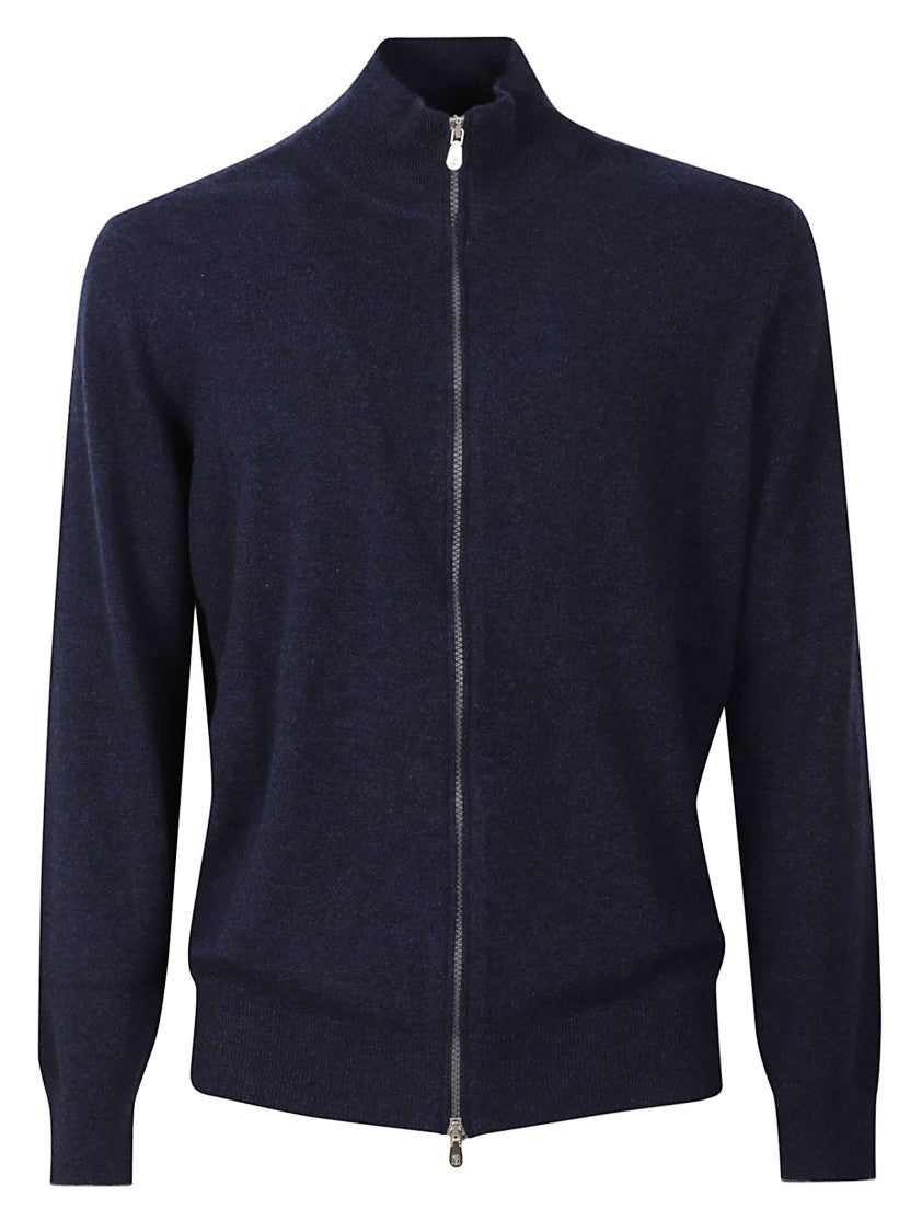 Brunello Cucinelli Deep Navy Cashmere Zip-Up Sweater With High Collar