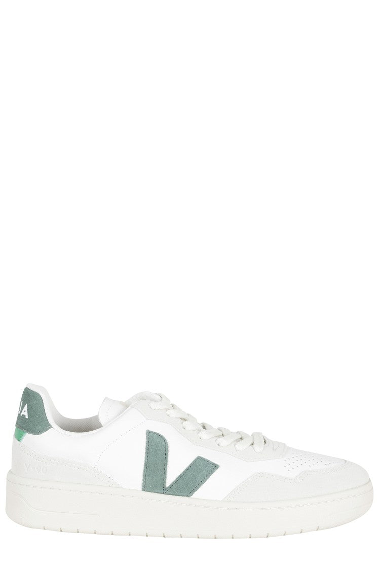 Veja White V90 Leather Green-Logo Leather Sneakers