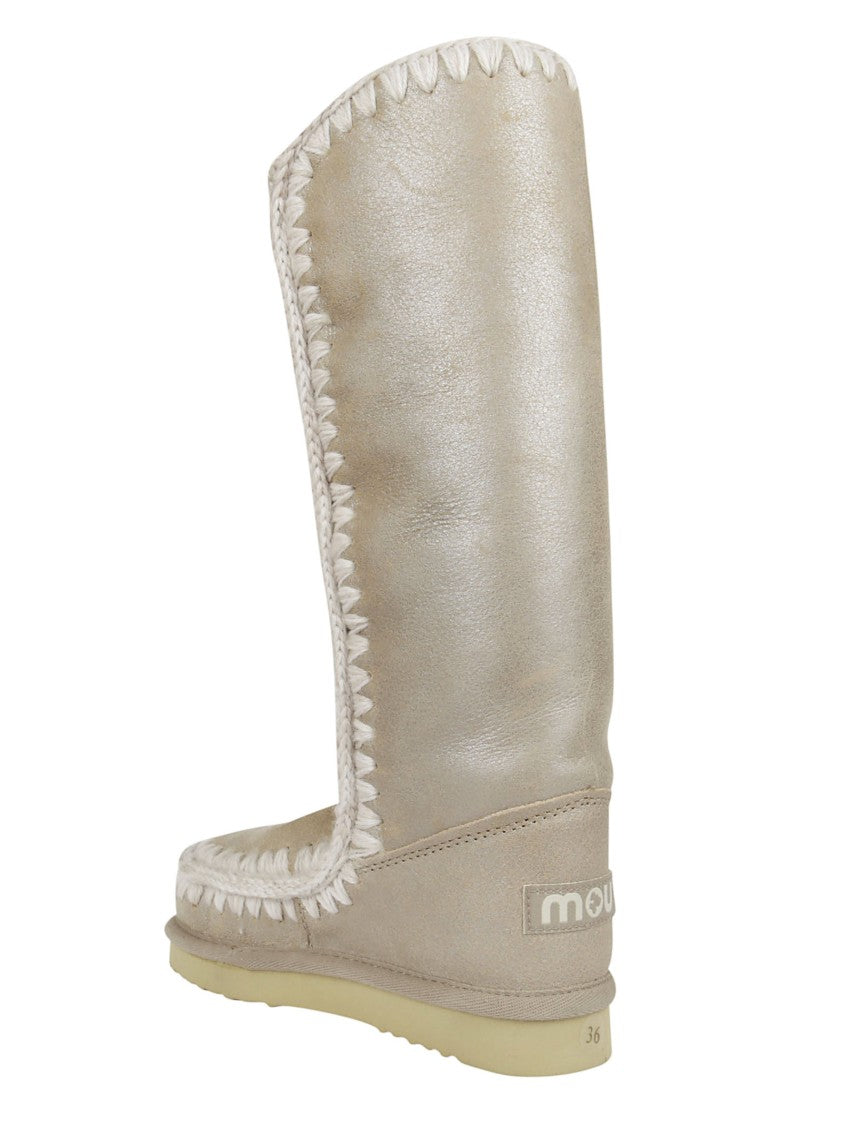 Mou Stone Metallic Crochet Wool Stitching Sheepskin Tall Boots