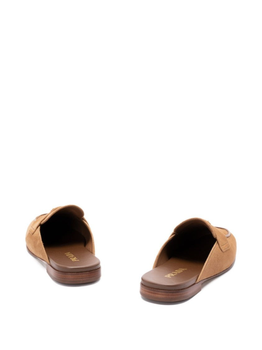 Prada Camel Suede Triangle Logo Slippers