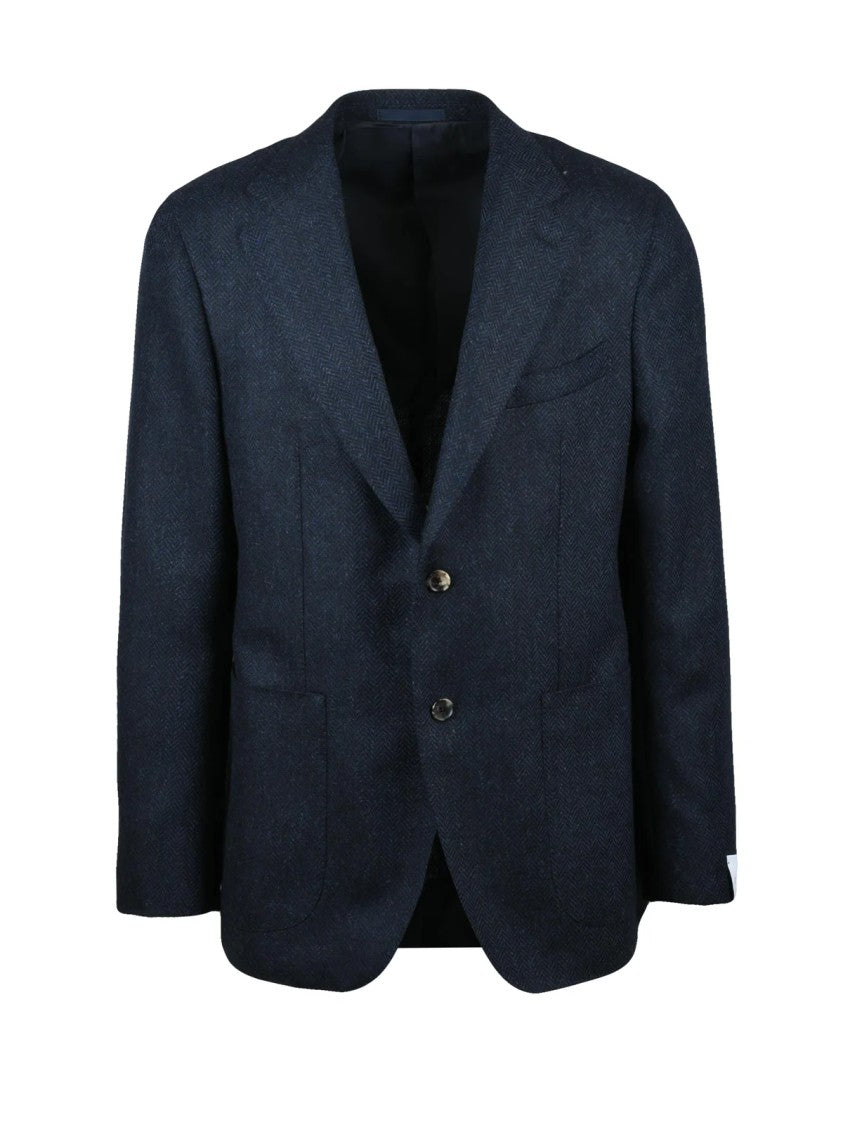 Caruso Rounded Wool Jacket With Two-Button Closure And Multicolor Herringbone Pattern