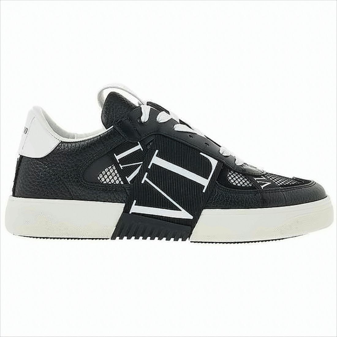 Valentino Garavani Black Textured Calf Leather Sneakers With Mesh Panels