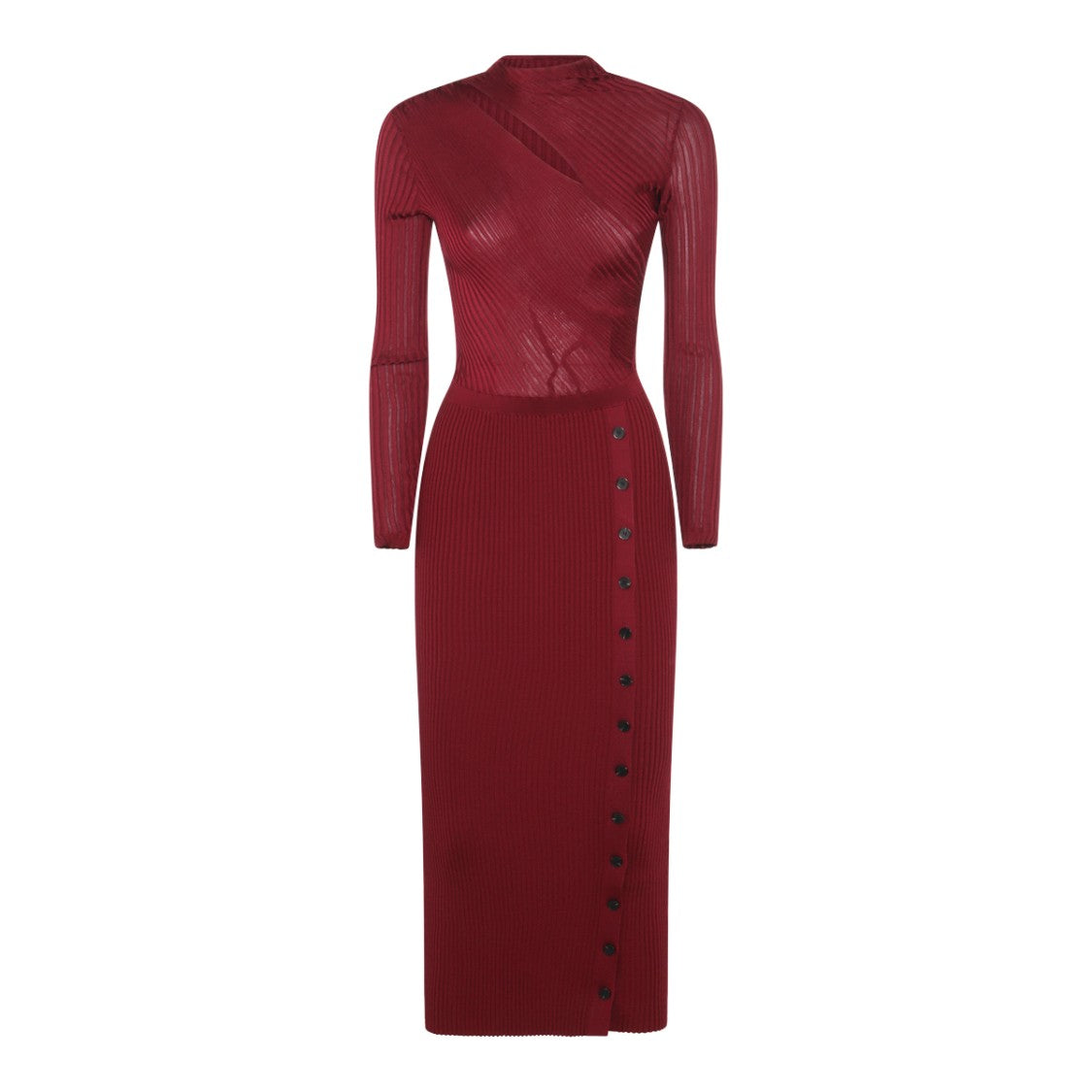Self-Portrait High Collar Burgundy Midi Dress With Ribbed Texture
