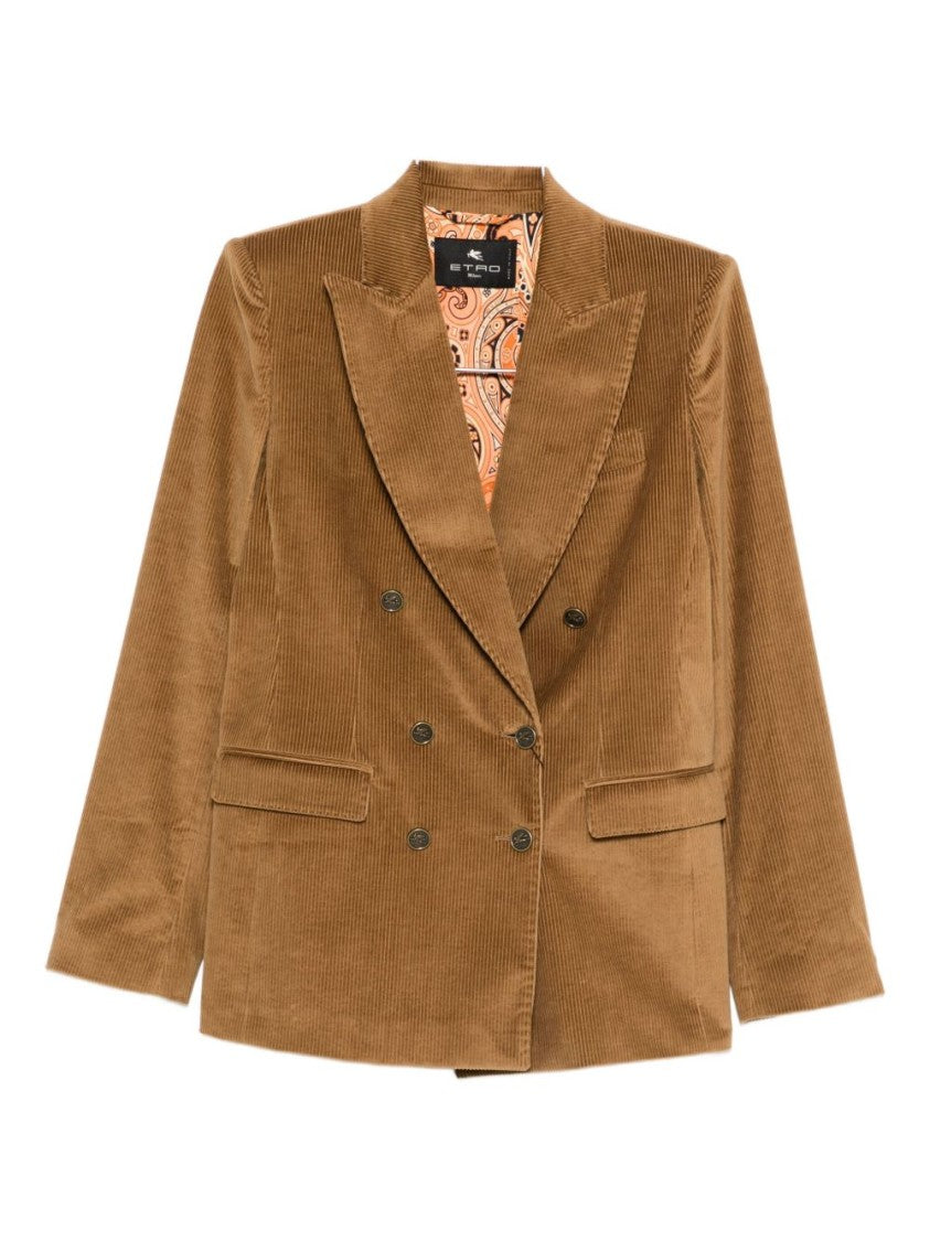 Etro Beige Double-Breasted Corduroy Jacket With Wide Lapels