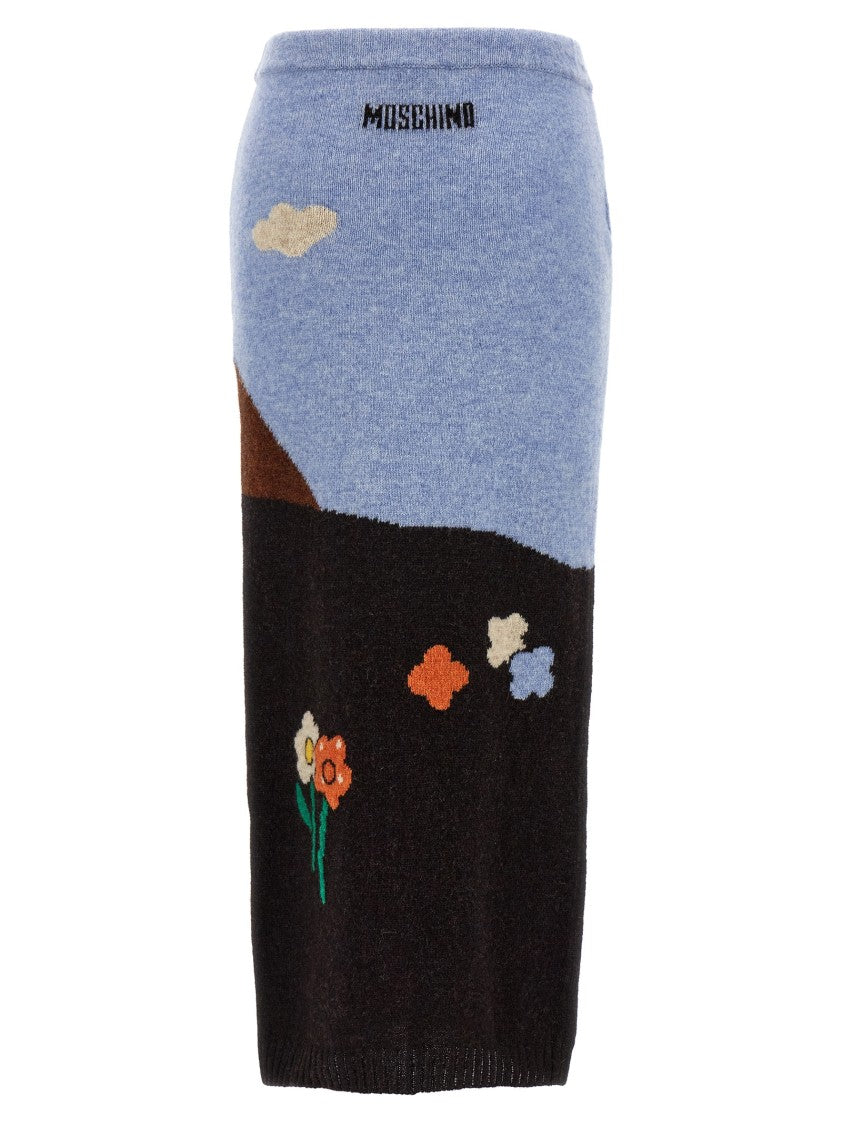 Moschino Shetland Wool Knit Skirt With Landscape Intarsia
