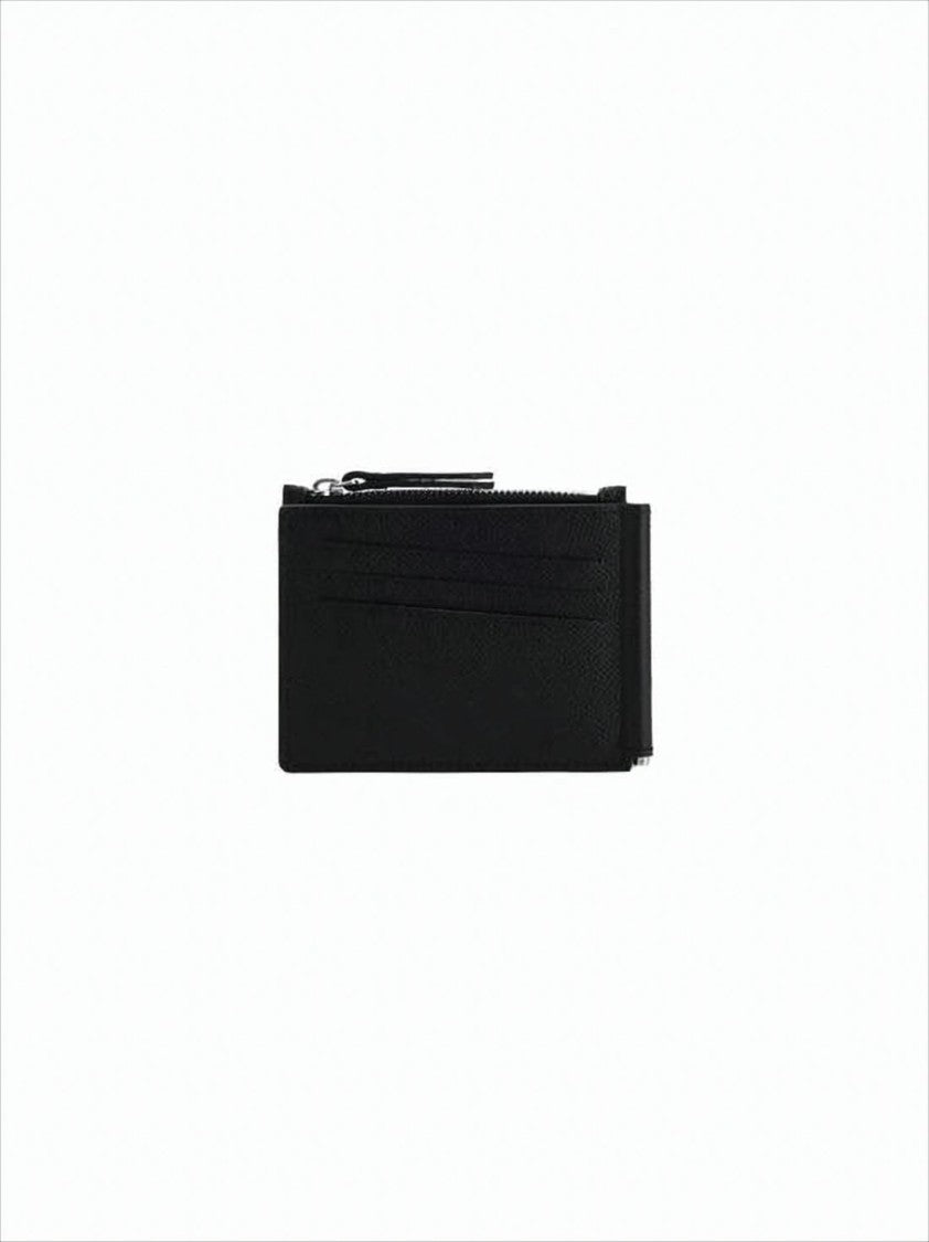 Maison Margiela Compact Black Leather Wallet With Zippered Compartment And Signature Stitched Detail