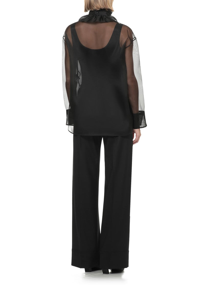 D. Exterior Black Sheer Silk Ruffled Jabot Shirt