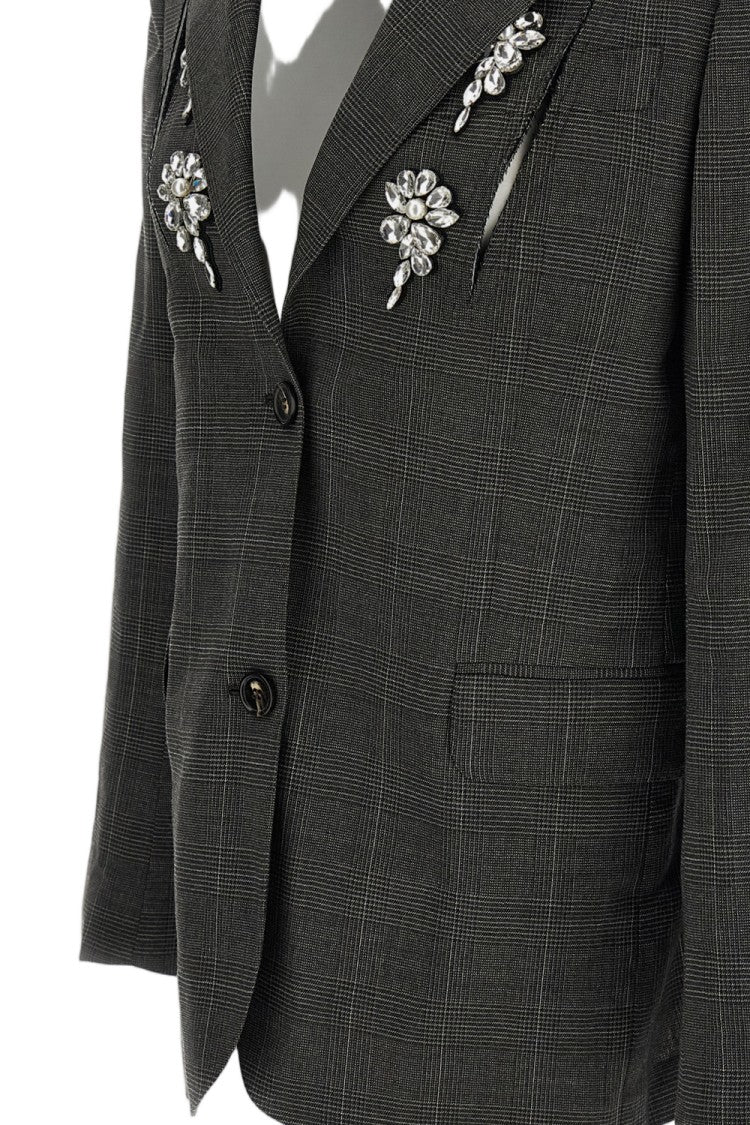 Simone Rocha Grey Slash Crystal Embellished Check Wool Blazer