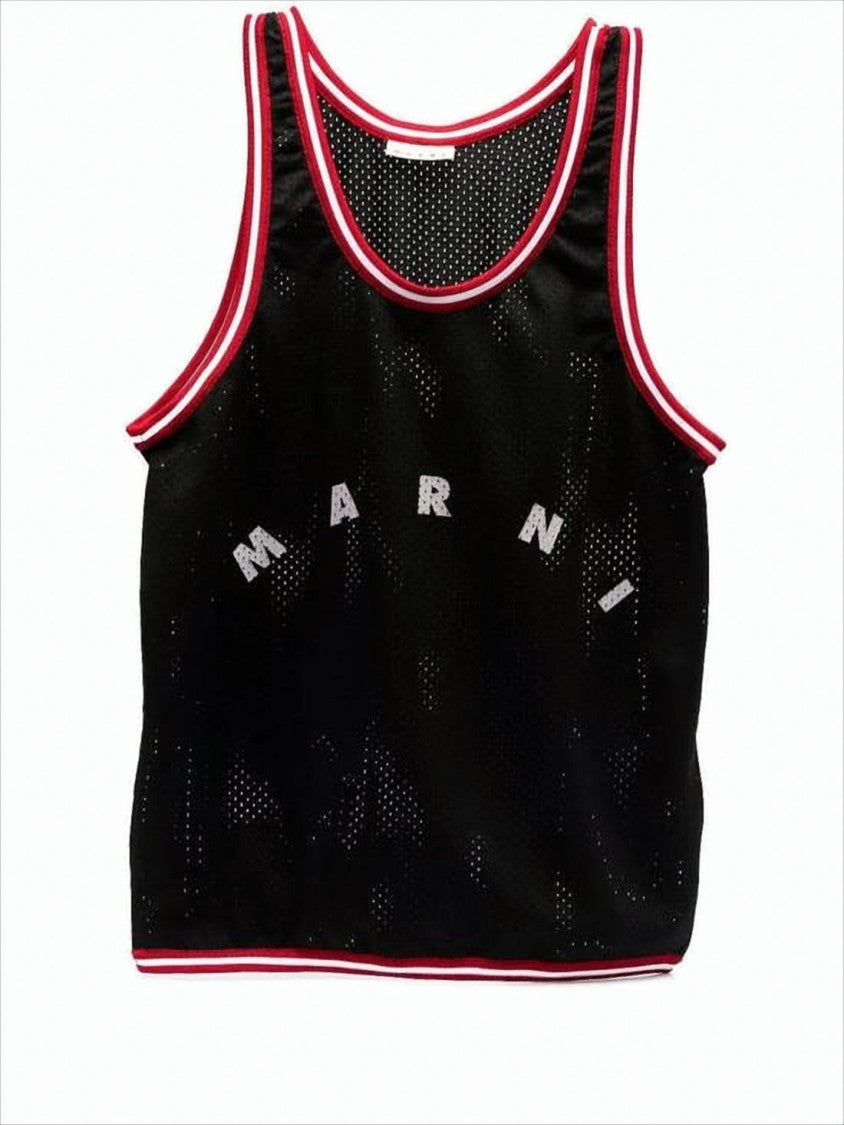 Marni Sporty Black Mesh Tank Top With Striped Trim