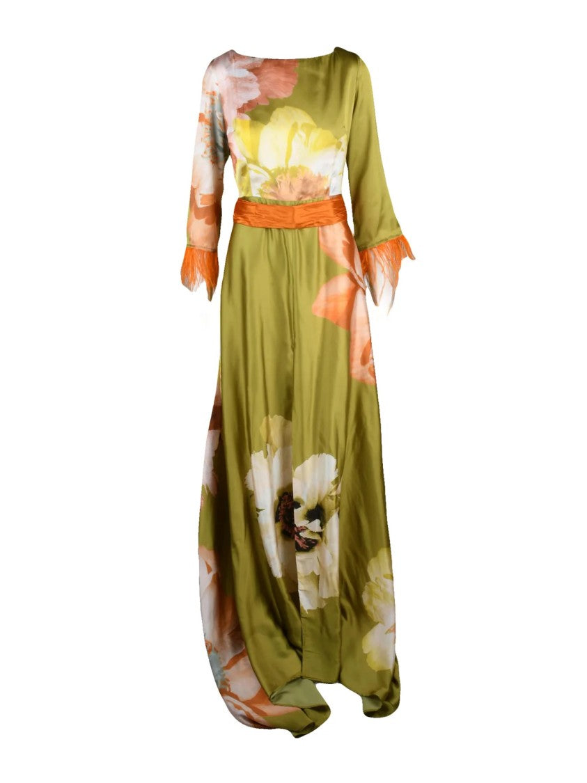 Mischalis Olive Green Feathered Polyester Women Long Dress