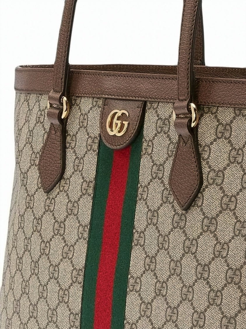 Gucci Medium Monogram Canvas Tote With Leather Trim And Double G Logo