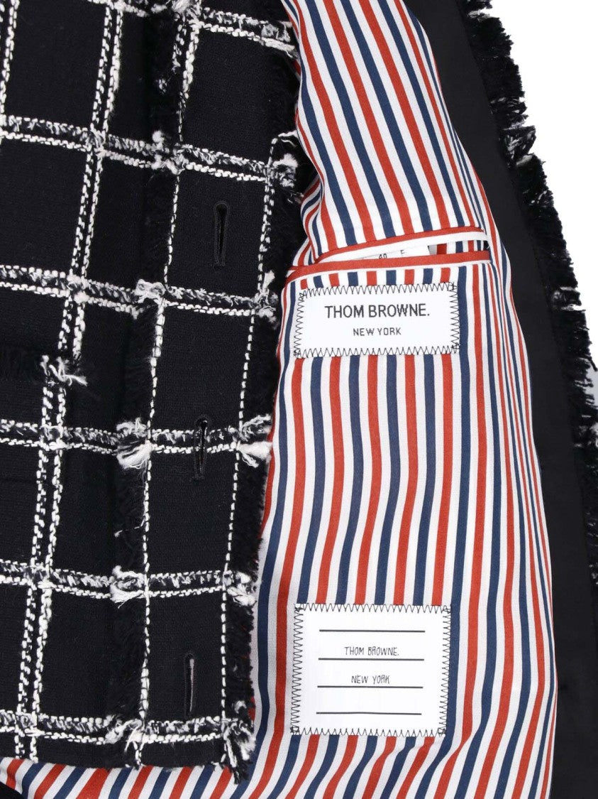 Thom Browne Cropped Black Windowpane Check Cotton-Blend Tweed Blazer