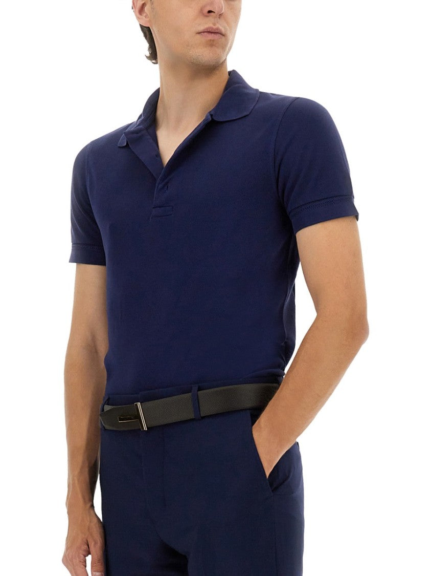 Tom Ford Classic Blue Pique Polo With Button Placket