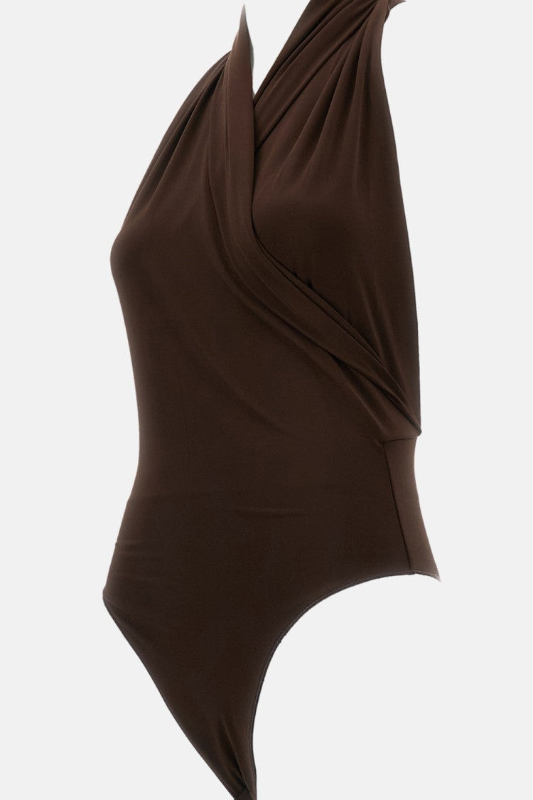 The Andamane Brown Vina Plunging Halter Neck Stretch Bodysuit