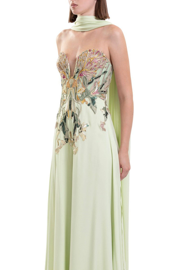 Saiid Kobeisy Embroidered Crepe Georgette Jumpsuit With Strapless Sweetheart Neckline
