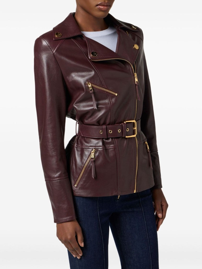Elisabetta Franchi Belted Burgundy Lamb Leather Jacket